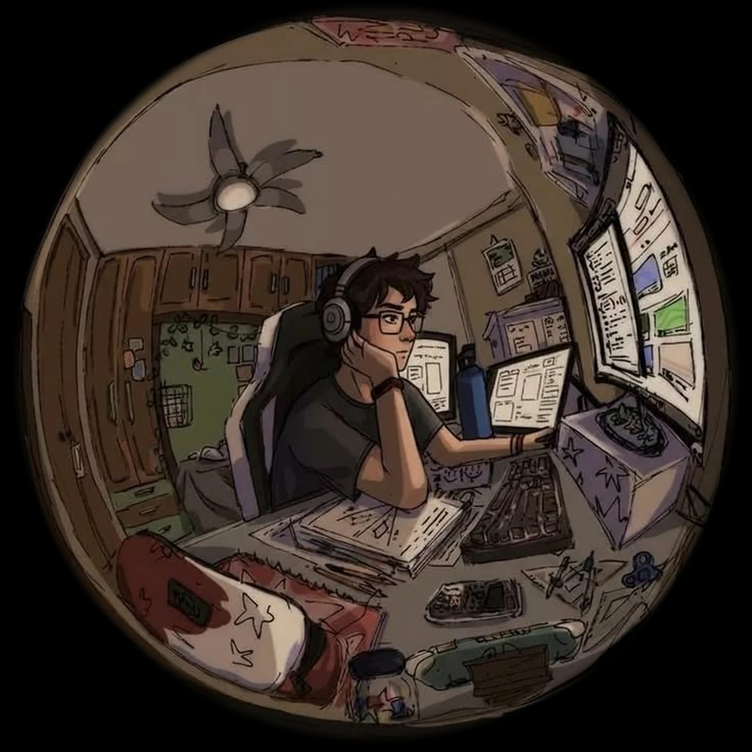 Illustration of Chandan working at a multi-screen development desk
