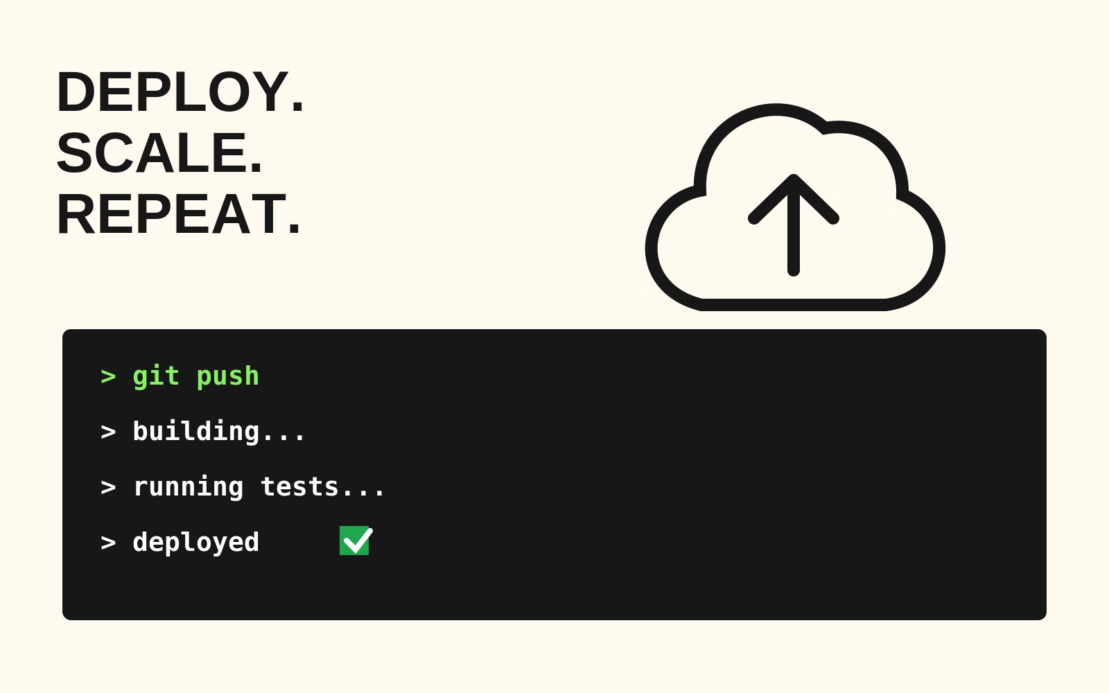 DeployHub terminal showing a project being built, tested and deployed